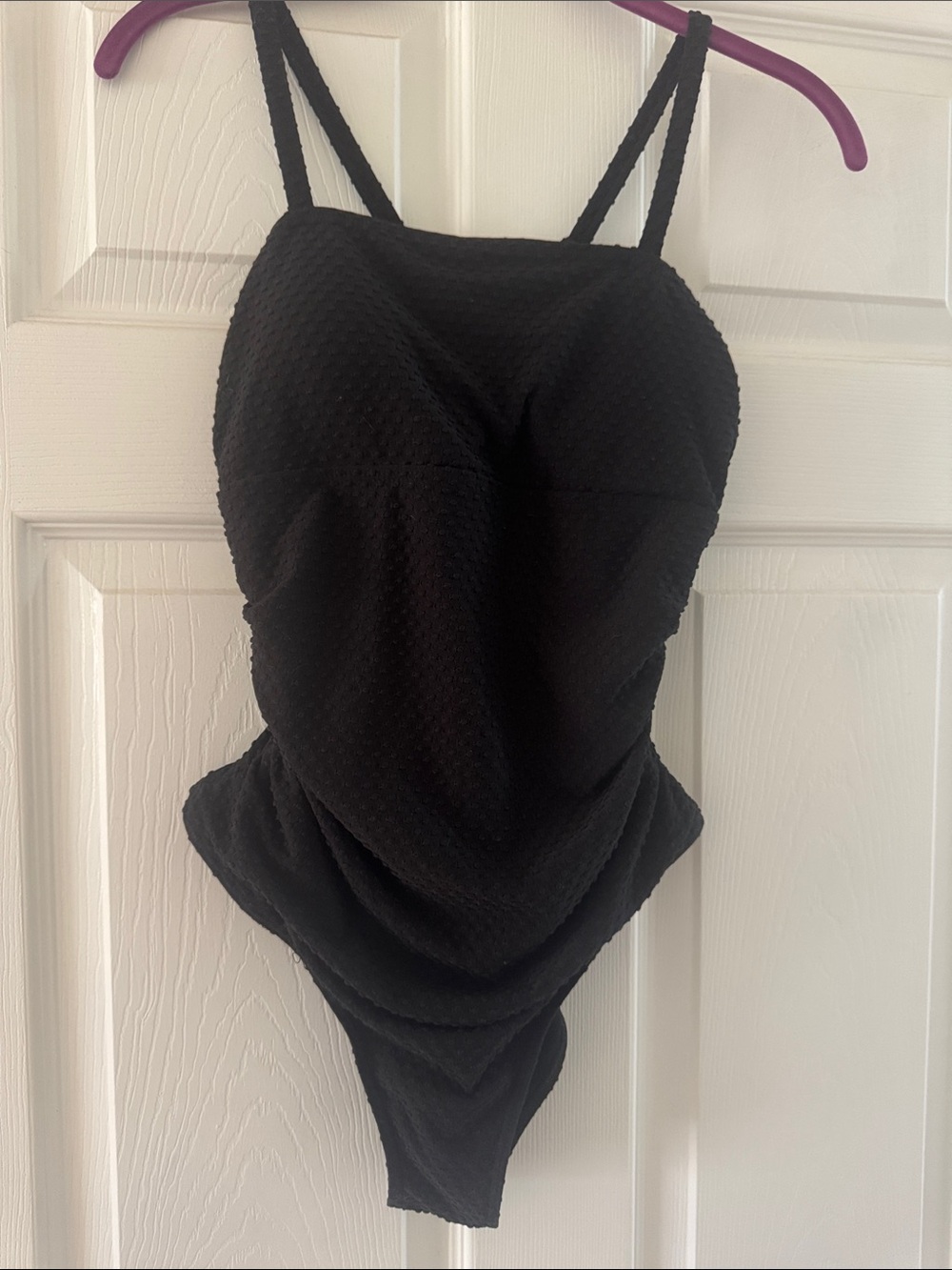 Cupshe black seersucker/dotted one piece, adjustable straps and side rouching